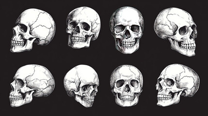 Anatomically correct human skulls set isolated. Hand drawn line art vector illustration 