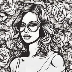 A striking black and white illustration of a stylish woman with glasses, framed by blooming roses. The art blends elegance, fashion, and floral elements in a bold and sophisticated composition.