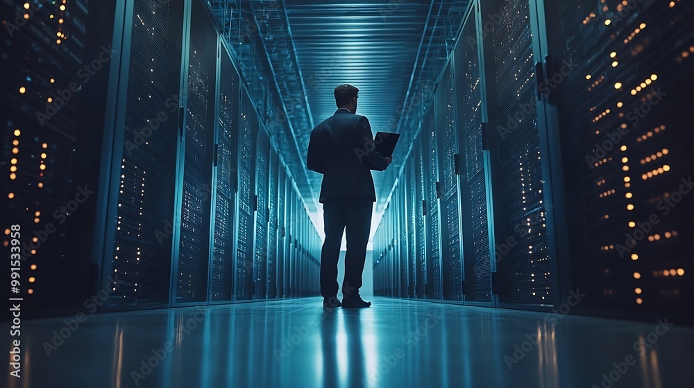 Poster futuristic concept data center chief technology officer holding laptop standing in warehouse informa