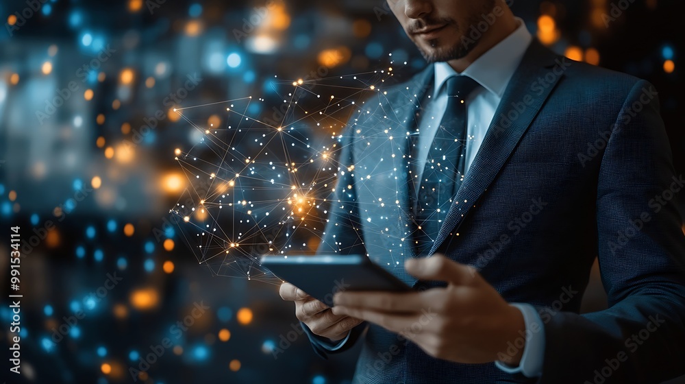 Poster Tech devices connected to each other by businessman on blurred background 3D rendering : Generative AI