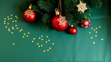 Naklejka premium 深緑の背景にクリスマスツリー、松の枝、赤とゴールドのオーナメント、冬の装飾品と贈り物 Christmas Tree, Pine Branches, Red and Gold Ornaments, Winter Decorations, and Gifts on a Deep Green Background