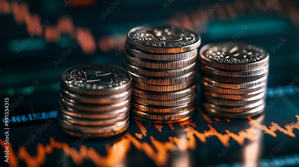 Aufkleber stack of silver coins with trading chart in financial concepts and financial investment business stock growth : Generative AI