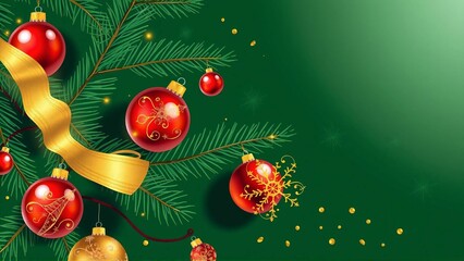Naklejka premium A deep green background with red and gold decorations, Christmas ornaments, illuminated lights, pine trees, and berry fruits placed 深い緑色の背景に赤とゴールドの装飾やクリスマスオーナメントとイルミネーションライトや松の木、ベリーの実がおかれている 