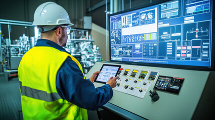 A man in a hard hat and safety vest operates a digital control panel in an industrial setting, monitoring data on a large screen. - Powered by Adobe