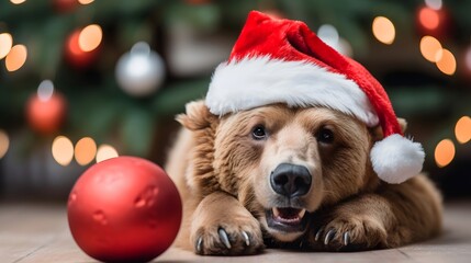 Happy Grizzly Brown bear in red Santa claus hat with christmas decoration baubles, bokeh lights in the background, Merry Christmas Greeting Card banner invitation wallpaper HD, celebration, Xmas