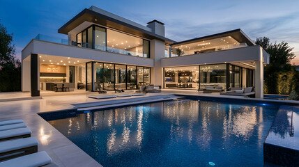 Fototapeta premium An elegant contemporary estate complete with a pool.