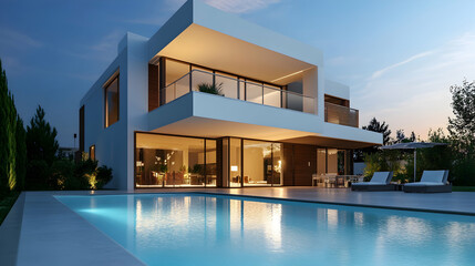 Fototapeta premium A luxurious modern mansion featuring a swimming pool.