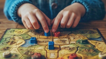 Fototapeta premium Children's hands are actively engaged as they strategize during the board game