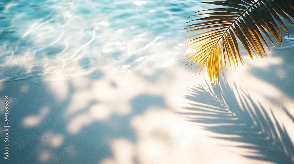 Aufkleber palm leaf shadow on abstract white sand beach background sun lights on water surface beautiful abstr