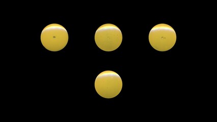 a set of yellow clear circles, empty stationery tacks, front view, isolated metal push rounded pins on black background