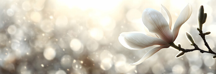 White spring background featuring a magnolia flower on a branch with a shallow depth of field to highlight the floral beauty ideal