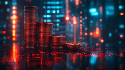 Double exposure image of coin stacks on technology financial graph backgroundEconomy trends background for business financial meltdown Cryptocurrency digital economy : Generative AI