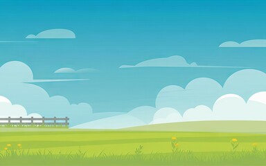 Fototapeta premium Green field sky clouds. Tranquil scenery of a grassy field, featuring a blue sky with white clouds and a small wooden fence in the distance.