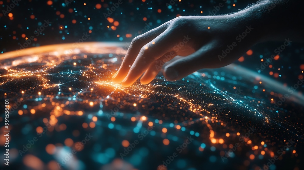 Poster Businessman touching global network and data exchanges over the world 3D rendering : Generative AI