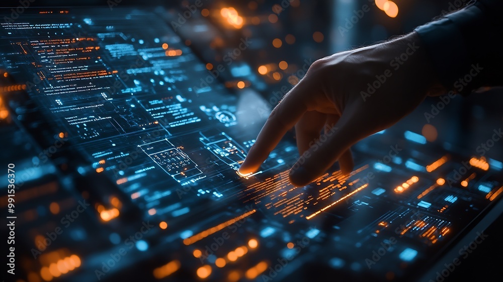 Poster Internet network technology digital software development future tech background IoT concept Man using digital tablet and laptop with global network connection computer code : Generative AI