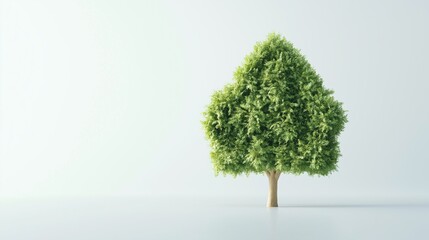 A small green tree with dense foliage stands alone on a minimalist surface against a bright white background during daylight hours.