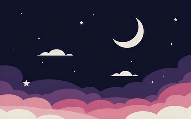 Obraz premium Night sky cloudscape. Dreamy night sky illustration with a crescent moon, stars, and fluffy pink and purple clouds. Perfect for backgrounds, posters, and social media.