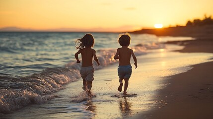 Two children running toward the water at a beach at dusk : Generative AI
