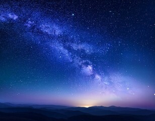 Midnight blue sky scape, lilac space horizon. Genuine sparkling atmosphere showcasing colorful shades. Galaxy scene embellished with shining stars. Deep night skies brightened with light effects