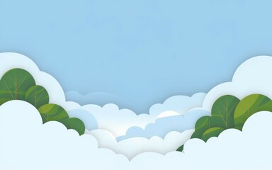 Obraz premium Papercut clouds & green. Papercut style illustration of white clouds with green foliage against a blue sky background. Ideal for nature, spring, and fresh start themes.