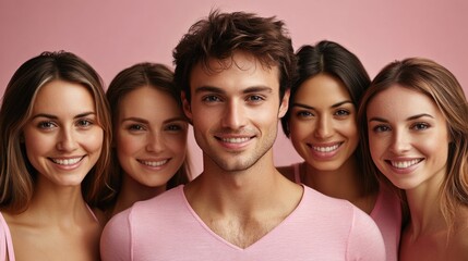 Obraz premium Young women and men unite in pink attire to promote breast cancer awareness and support