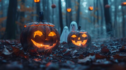 Halloween campfire scene with teenagers, jack-o-lanterns glowing, ghost decorations hanging in the background, firelight flickering on their faces, mist swirling through the forest,