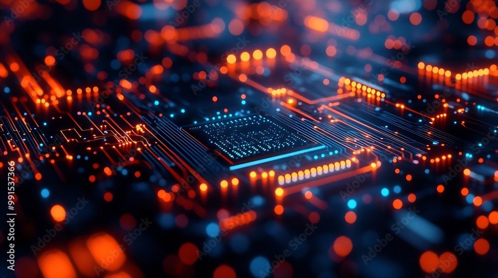 Poster Advanced Technology Concept Visualization Circuit Board CPU Processor Microchip Starting Artificial Intelligence Digitalization of Neural Networking and Cloud Computing Digital Lines M : Generative AI