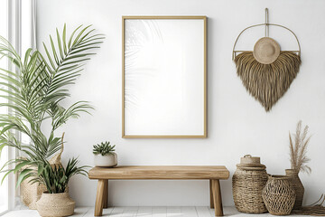 Mock up frame white home interior background, minimal decor white room with natural wooden table and decor, 3d render