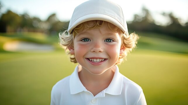 A cheerful caucasian boy participates in a golfing lesson outdoors, smiling brightly