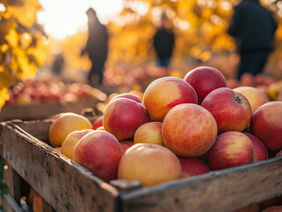 The image shows a close-up of a wooden crate filled with fresh apples in an outdoor apple orchard. 