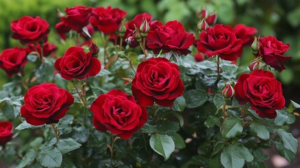 Obraz premium Vibrant red roses blooming in a lush garden during springtime, showcasing their beauty and variety in color