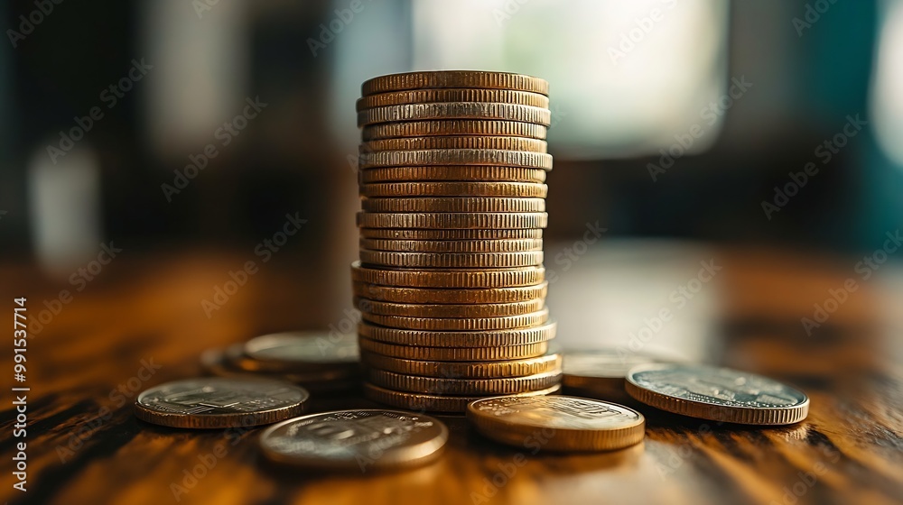 Fototapete close up stack of coin on table background and business or finance saving money : generative ai