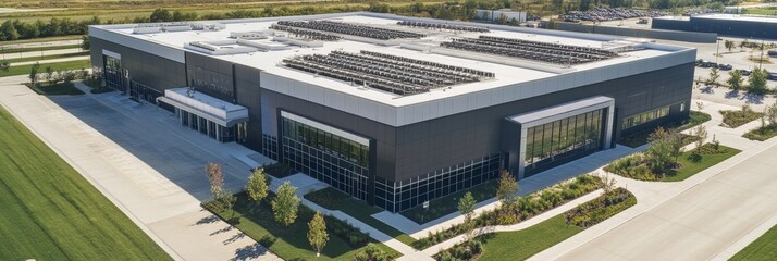 Drone view of a photorealistic industrial data center