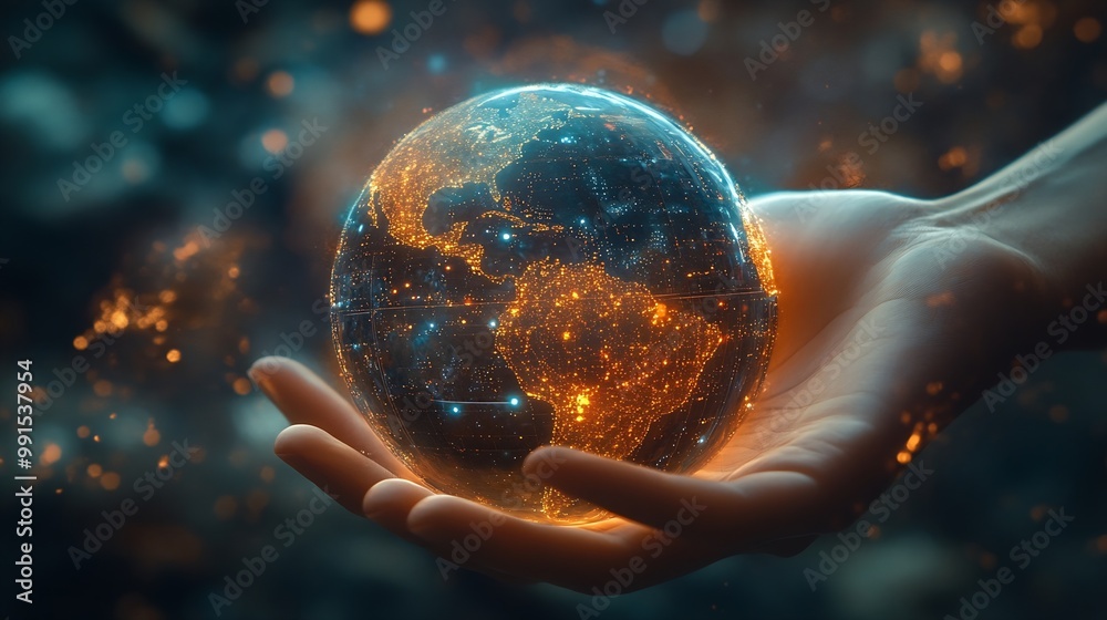 Poster Metaverse TechnologyNext generation technologyGlobal networking connectionscience innovation and communication technologyHand holding earth globe with data exchanges on connection tech : Generative AI