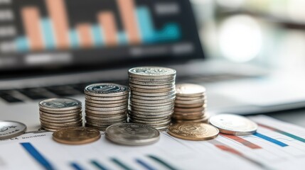 A stack of coins and cash next to a laptop showing a banking app interface, with bar charts and transaction histories, symbolizing personal finance management.
