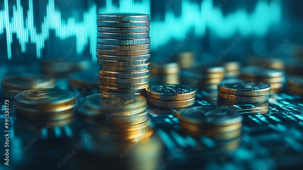 Poster Financial stock market graph and rows of coins growth abstract and symbol for finance concept business investment and currency exchange on blue background : Generative AI