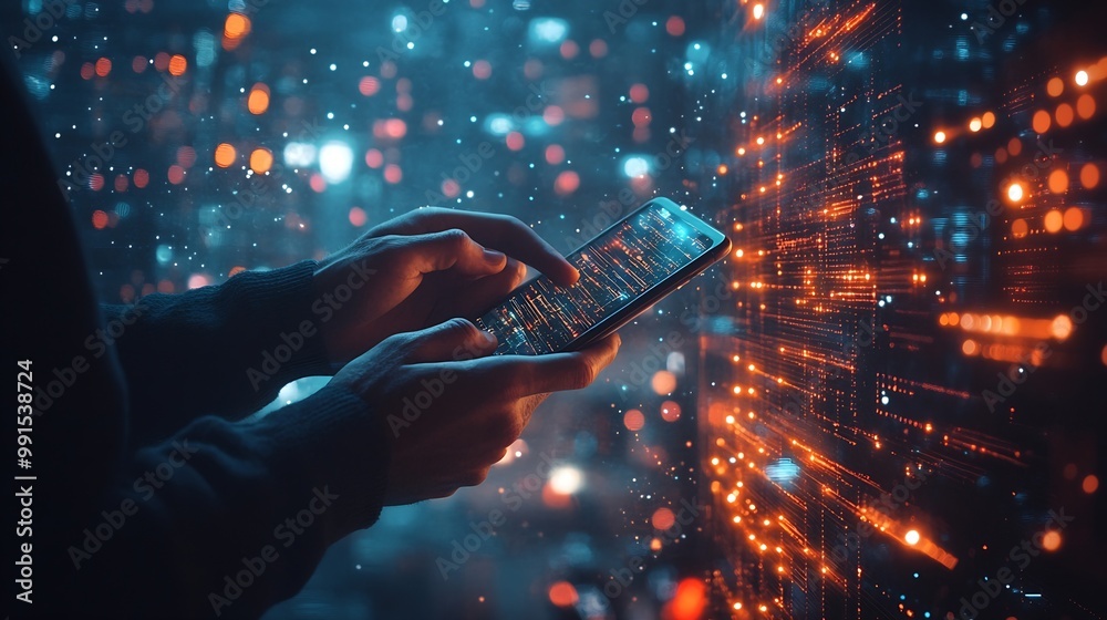Fototapete Digital technology big data internet network connection futuristic innovation technology background Man using mobile phone and laptop and smart city : Generative AI