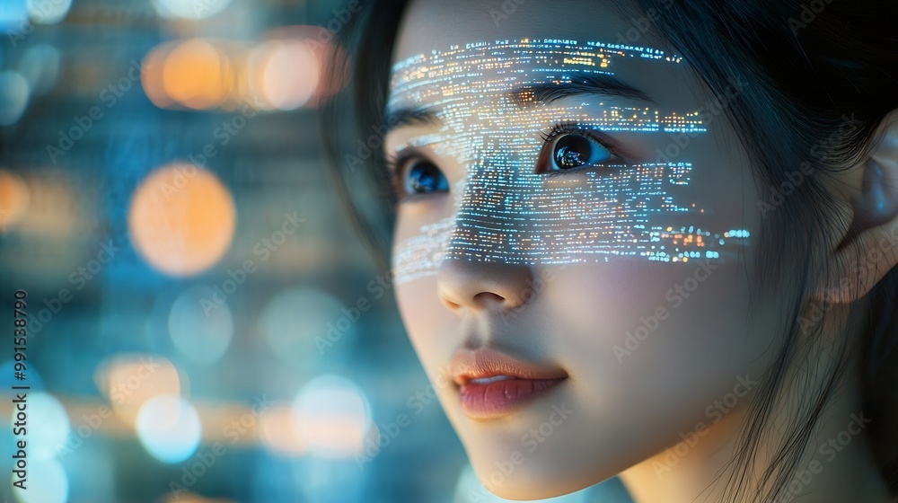 Aufkleber Portrait of Asian Female Startup Digital Entrepreneur Working on Computer Line of Code Projected on Her Face and Reflecting Software Developer Working on Innovative eCommerce App using : Generative AI