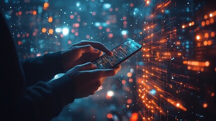 Digital technology big data internet network connection futuristic innovation technology background Man using mobile phone and laptop and smart city : Generative AI