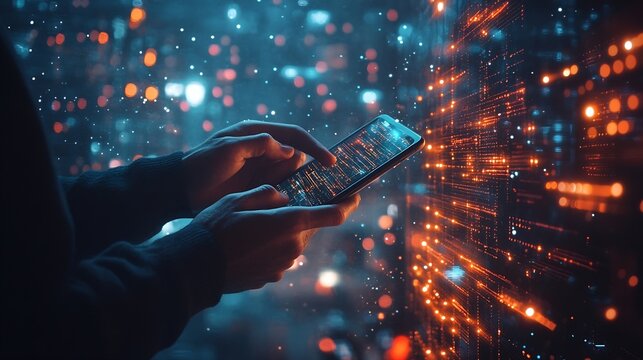 Digital technology big data internet network connection futuristic innovation technology background Man using mobile phone and laptop and smart city : Generative AI - Powered by Adobe