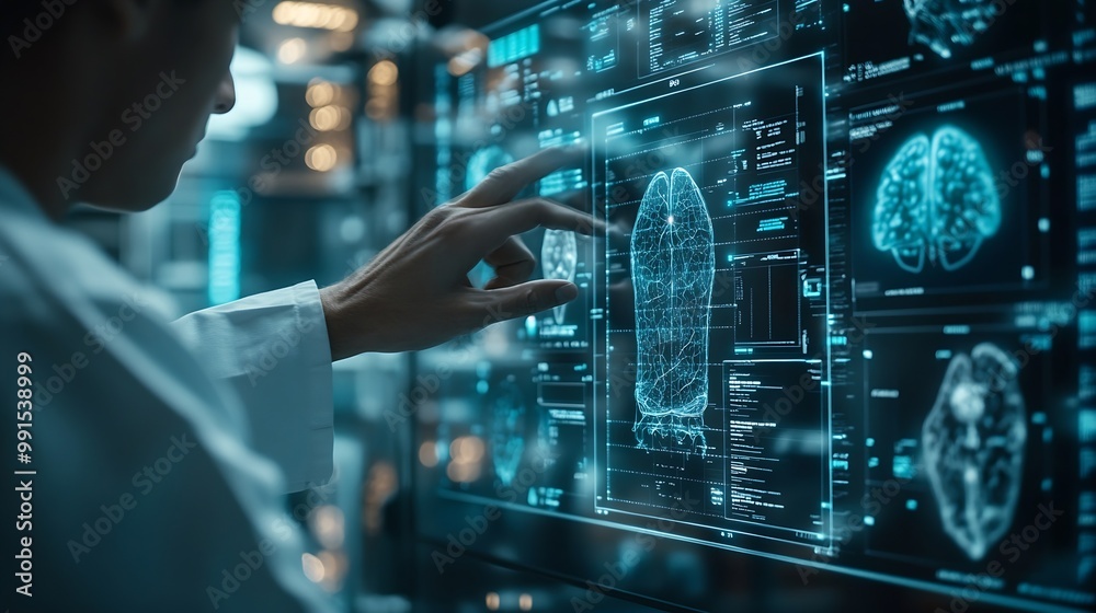 Aufkleber doctor diagnose digital patient record on virtual medical network on computing electronic medical re