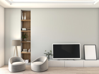 Modern living room with cozy chairs, a sleek TV, and wooden shelves featuring decorative items. 3D rendering