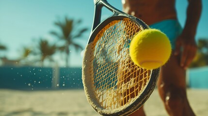 Beach tennis racket and ball Man holding racket with sand and beach tennis ball on court : Generative AI