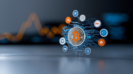 A dynamic representation of cryptocurrency concepts featuring Bitcoin symbol surrounded by various digital icons, illustrating interconnectedness of blockchain technology and financial growth