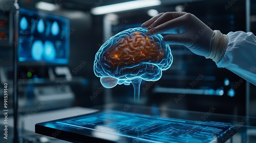 Aufkleber doctor use robotic and innovative medical technology diagnose and examine patient brain with intelli
