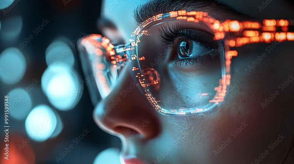 Aufkleber Software coding hologram and woman on tablet thinking of data analytics digital technology and night overlay Programmer or IT person in glasses on 3d screen programming and cybersecuri : Generative AI