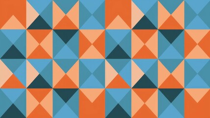 Fototapeta premium Geometric triangle pattern. Seamless geometric pattern featuring a repeating design of triangles in blue, orange, and teal. Perfect for modern backgrounds, prints, and designs.