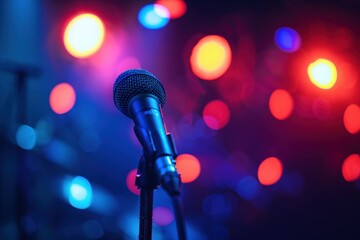 A microphone is pointed at a colorful background, generative ai image