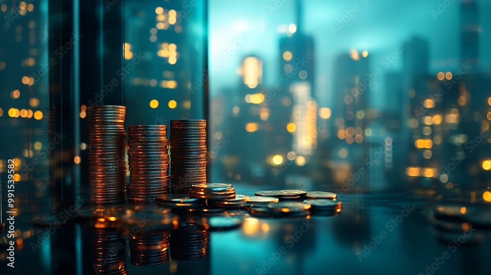 Aufkleber double exposure of city graph and rows of coins for finance and business concept : generative ai