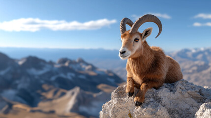 Obraz premium A Himalayan ibex rests on rocky cliff, showcasing its impressive horns against stunning mountainous backdrop. serene environment highlights beauty of nature